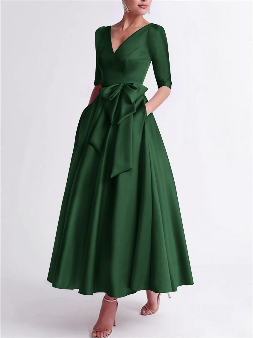 Robe de Mère de la Mariée en Satin à Manches 3/4 et Col en V, Ligne A/Princesse, Longueur Thé, avec Nœud(S)