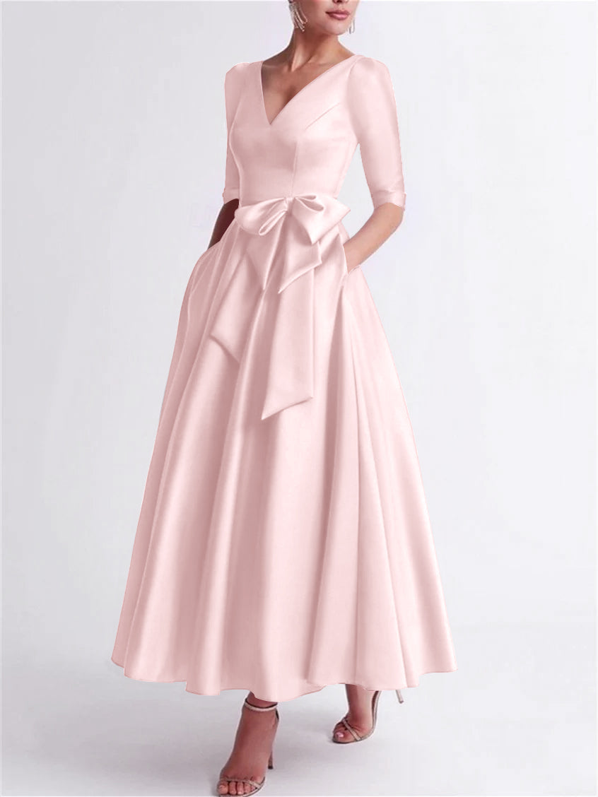 Robe de Mère de la Mariée en Satin à Manches 3/4 et Col en V, Ligne A/Princesse, Longueur Thé, avec Nœud(S)