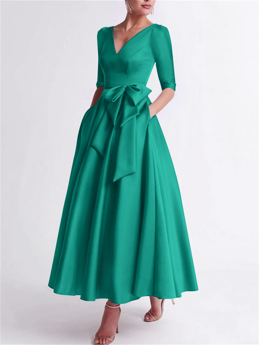 Robe de Mère de la Mariée en Satin à Manches 3/4 et Col en V, Ligne A/Princesse, Longueur Thé, avec Nœud(S)