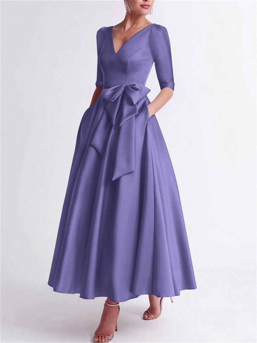 Robe de Mère de la Mariée en Satin à Manches 3/4 et Col en V, Ligne A/Princesse, Longueur Thé, avec Nœud(S)