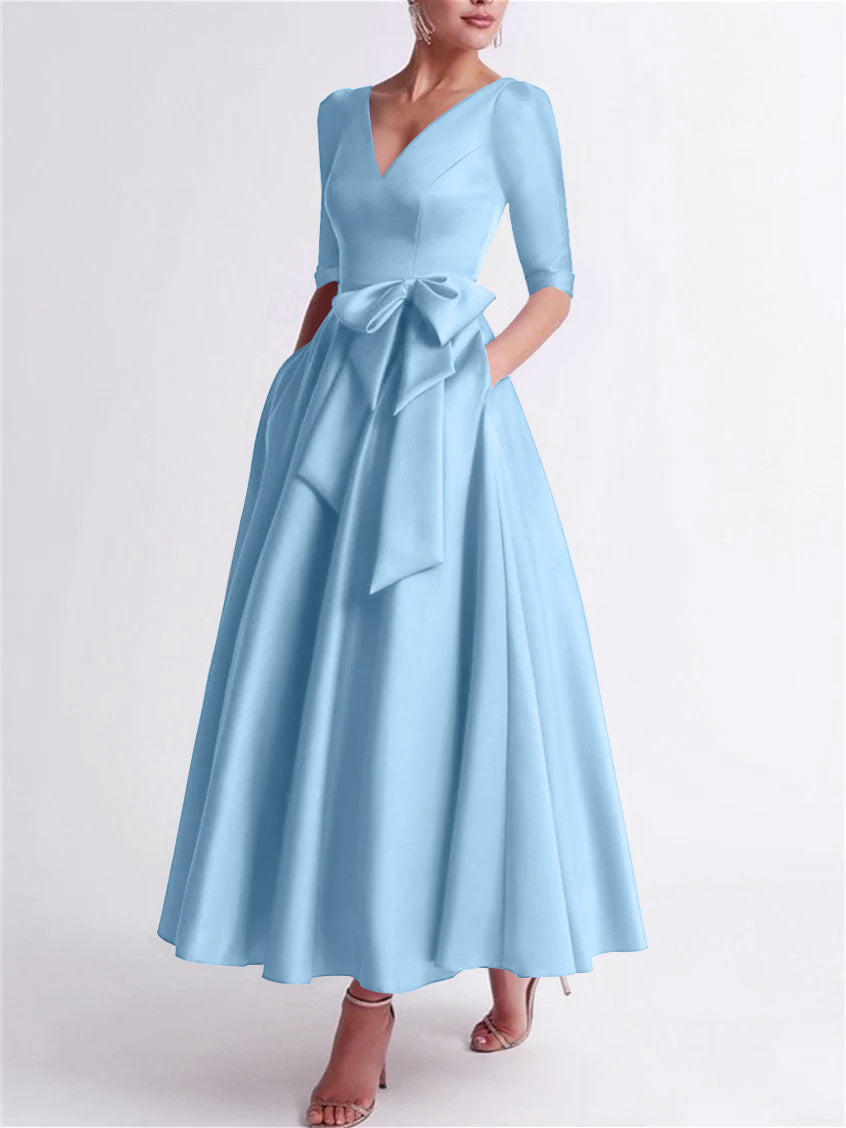 Robe de Mère de la Mariée en Satin à Manches 3/4 et Col en V, Ligne A/Princesse, Longueur Thé, avec Nœud(S)