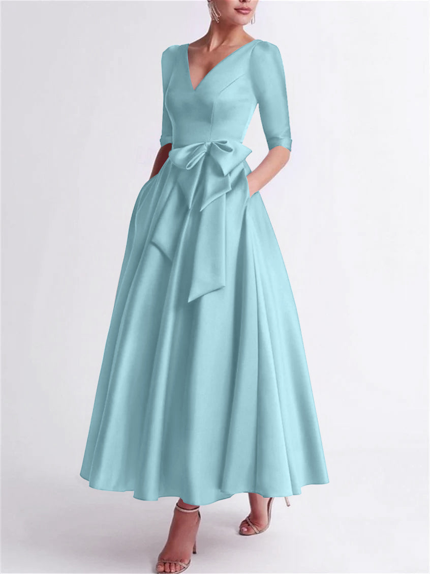 Robe de Mère de la Mariée en Satin à Manches 3/4 et Col en V, Ligne A/Princesse, Longueur Thé, avec Nœud(S)