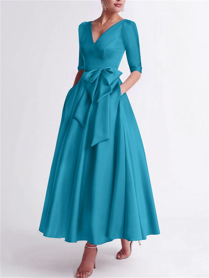 Robe de Mère de la Mariée en Satin à Manches 3/4 et Col en V, Ligne A/Princesse, Longueur Thé, avec Nœud(S)