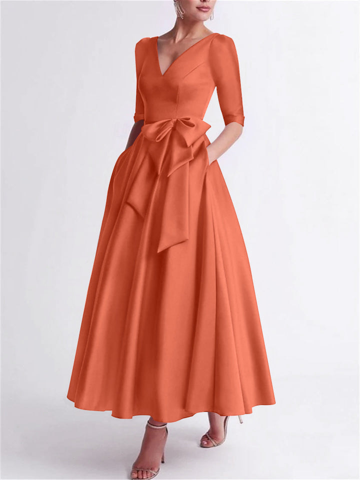 Robe de Mère de la Mariée en Satin à Manches 3/4 et Col en V, Ligne A/Princesse, Longueur Thé, avec Nœud(S)