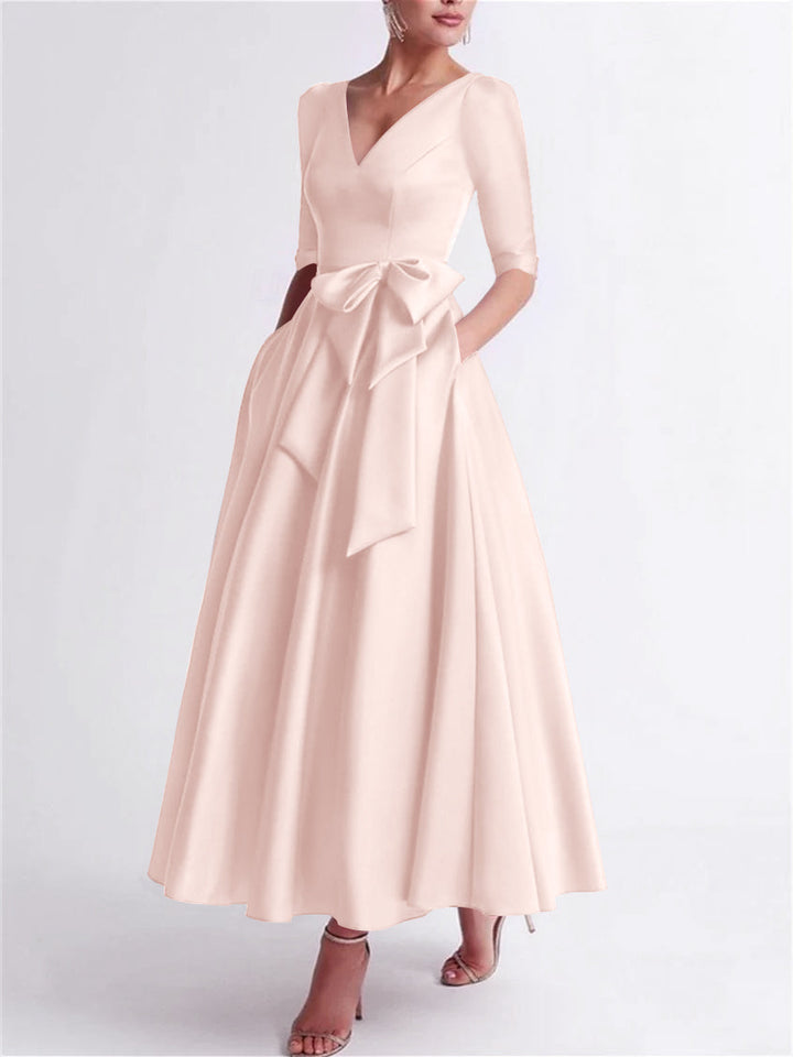 Robe de Mère de la Mariée en Satin à Manches 3/4 et Col en V, Ligne A/Princesse, Longueur Thé, avec Nœud(S)