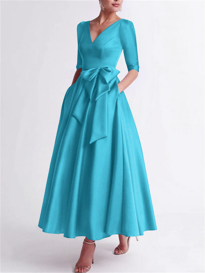 Robe de Mère de la Mariée en Satin à Manches 3/4 et Col en V, Ligne A/Princesse, Longueur Thé, avec Nœud(S)