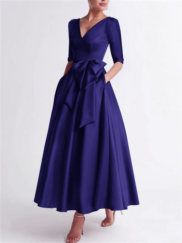 Robe de Mère de la Mariée en Satin à Manches 3/4 et Col en V, Ligne A/Princesse, Longueur Thé, avec Nœud(S)