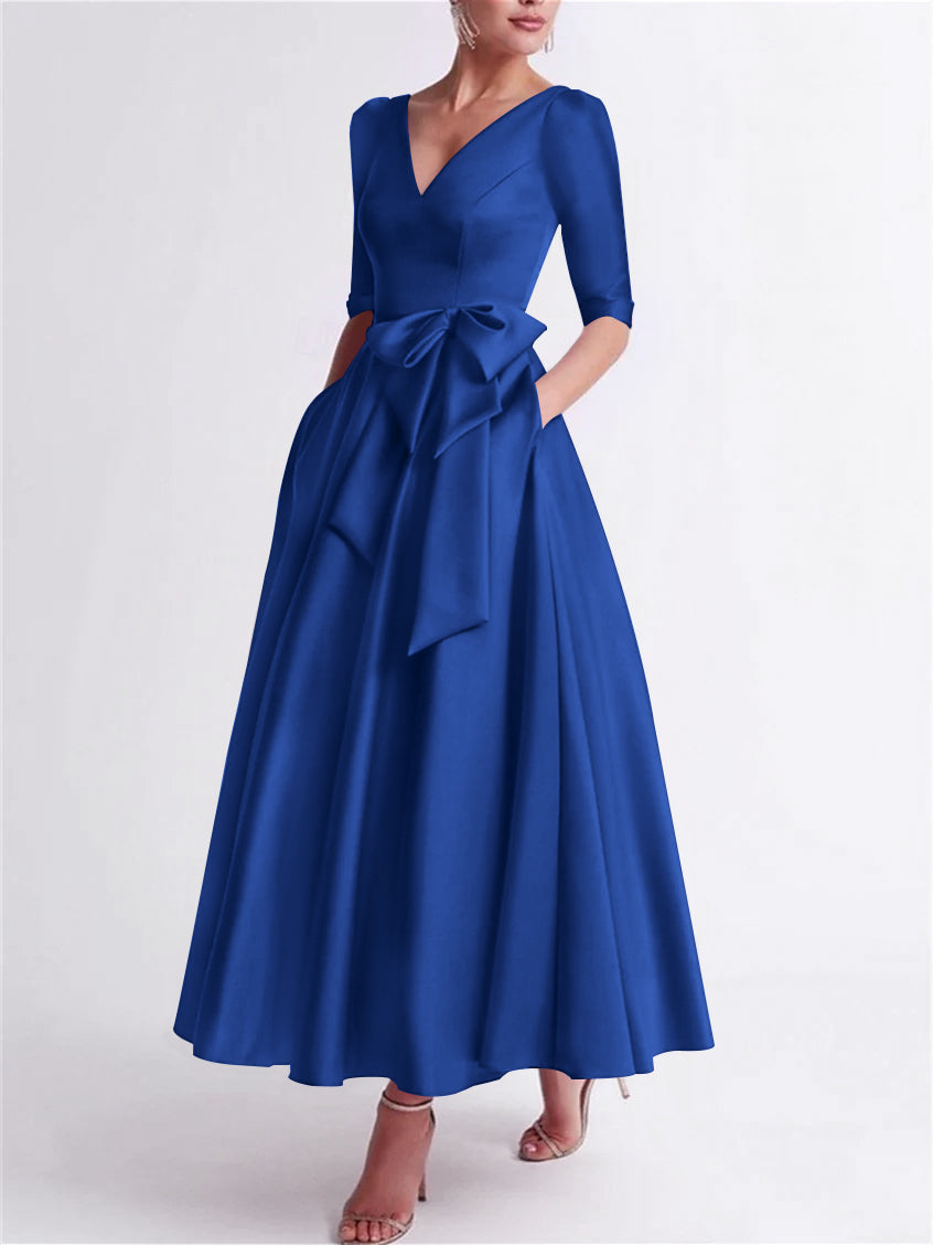 Robe de Mère de la Mariée en Satin à Manches 3/4 et Col en V, Ligne A/Princesse, Longueur Thé, avec Nœud(S)