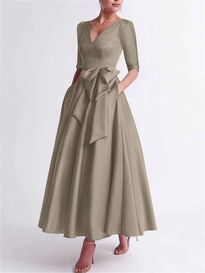Robe de Mère de la Mariée en Satin à Manches 3/4 et Col en V, Ligne A/Princesse, Longueur Thé, avec Nœud(S)