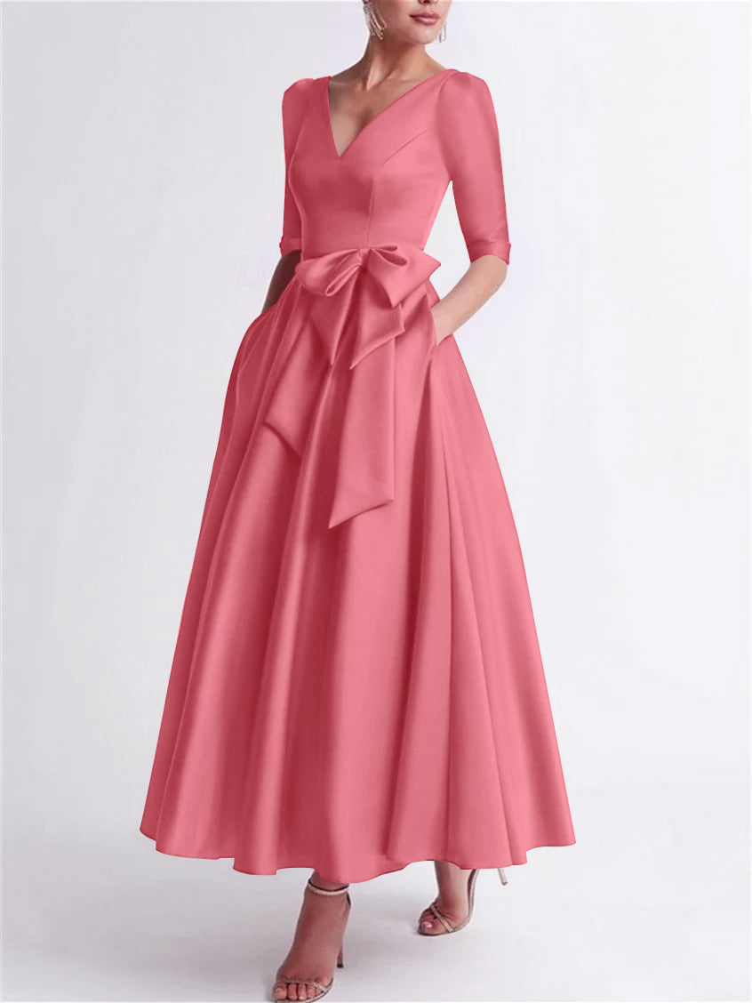 Robe de Mère de la Mariée en Satin à Manches 3/4 et Col en V, Ligne A/Princesse, Longueur Thé, avec Nœud(S)