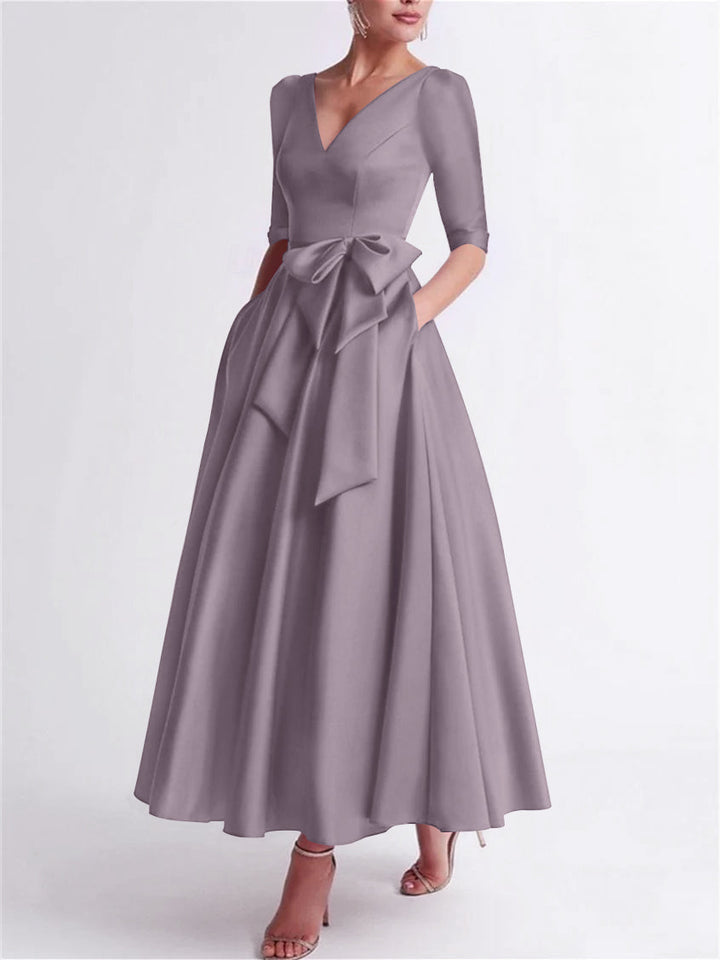 Robe de Mère de la Mariée en Satin à Manches 3/4 et Col en V, Ligne A/Princesse, Longueur Thé, avec Nœud(S)
