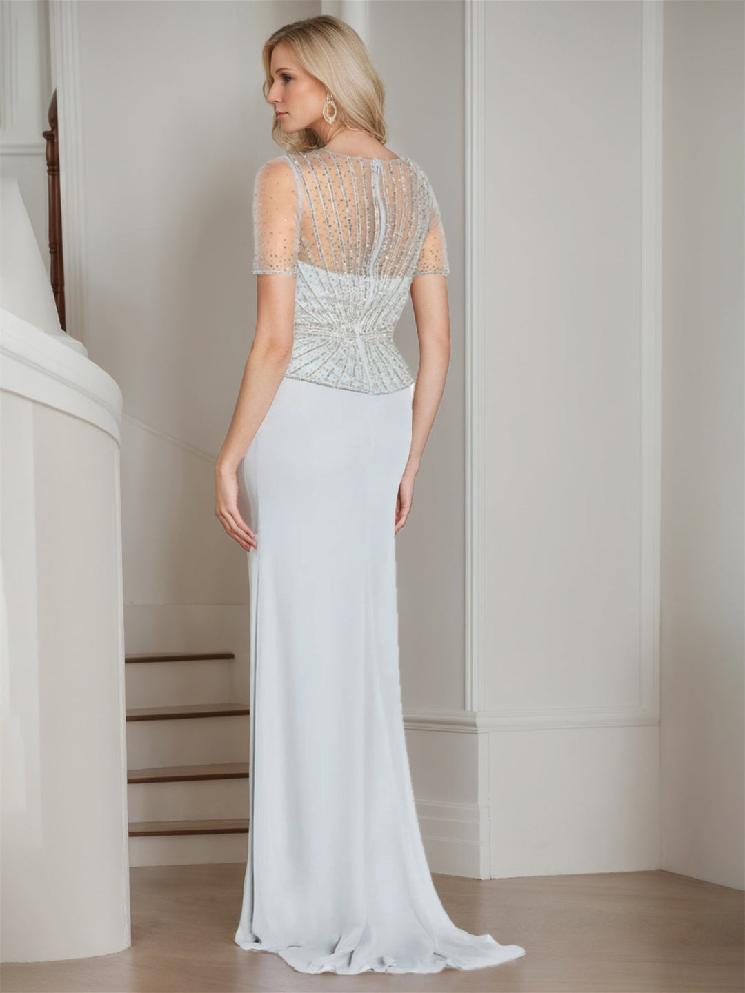 Robes de Mère de la Mariée Fourreau/Colonne à Col en V et Manches Courtes, Longueur Au Sol