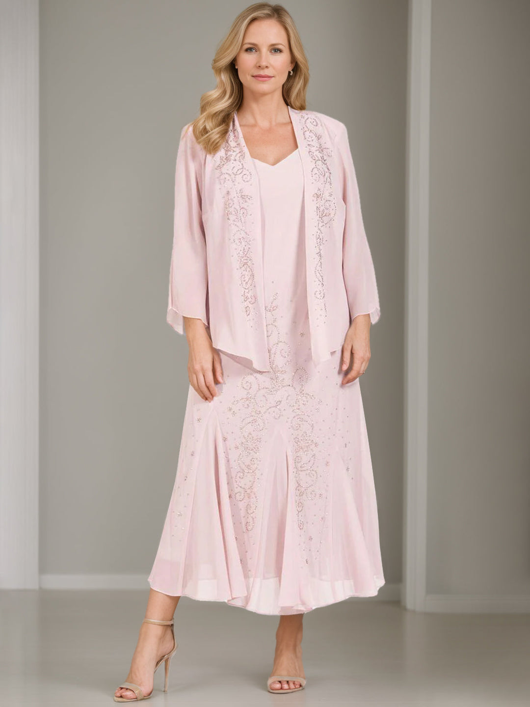 Robe de Mère de la Mariée Grande Taille, Coupe A-Line/Princesse, 2 Pièces, Col en V, Longueur Genou, avec Veste et Paillettes