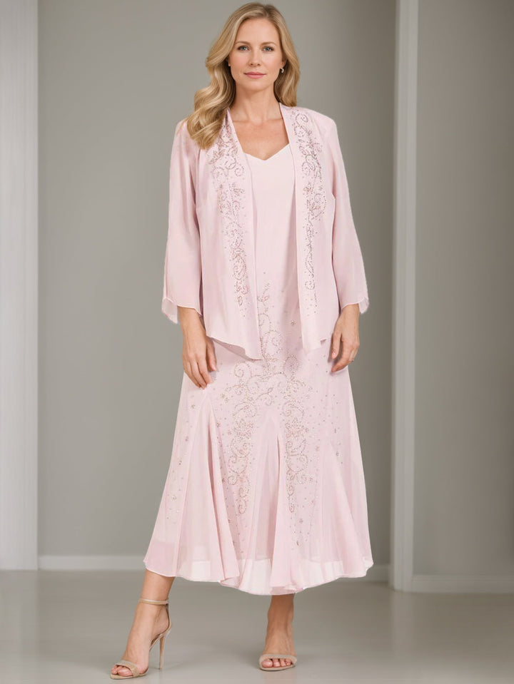 Robe de Mère de la Mariée Grande Taille, Coupe A-Line/Princesse, 2 Pièces, Col en V, Longueur Genou, avec Veste et Paillettes