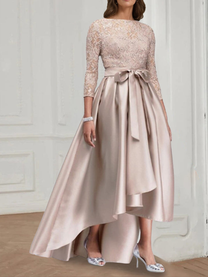 Robe de Mère de la Mariée Asymétrique Grande Taille à Col en V et Manches 3/4 avec Nœud