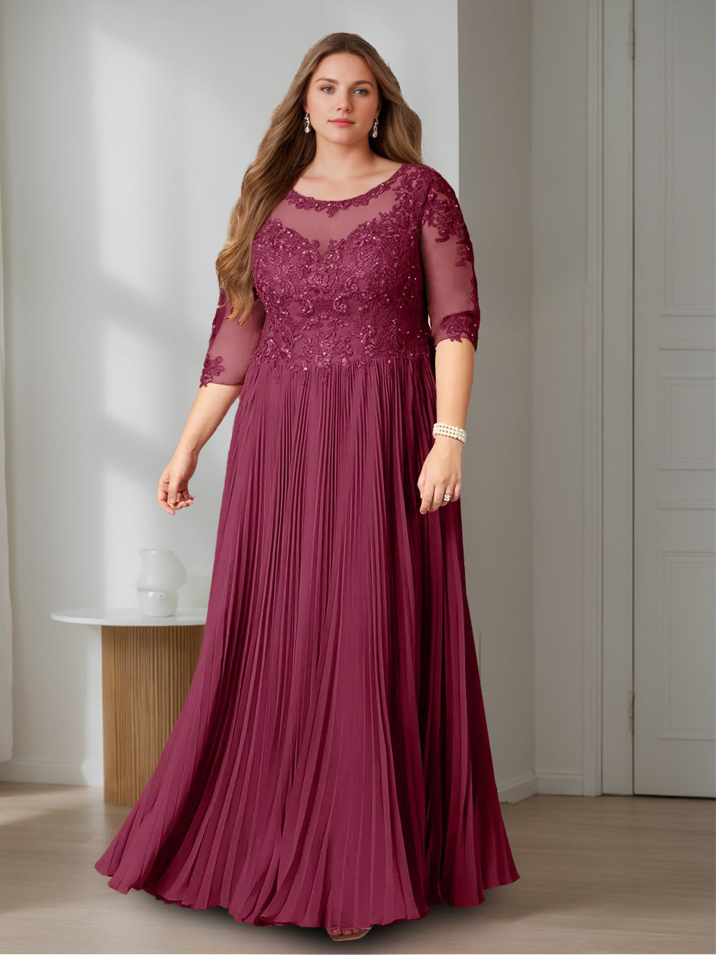 Robe de Mère de la Mariée Grande Taille, Coupe A-Line/Princess, Manches Mi-Longues, Longueur Au Sol, avec Paillettes
