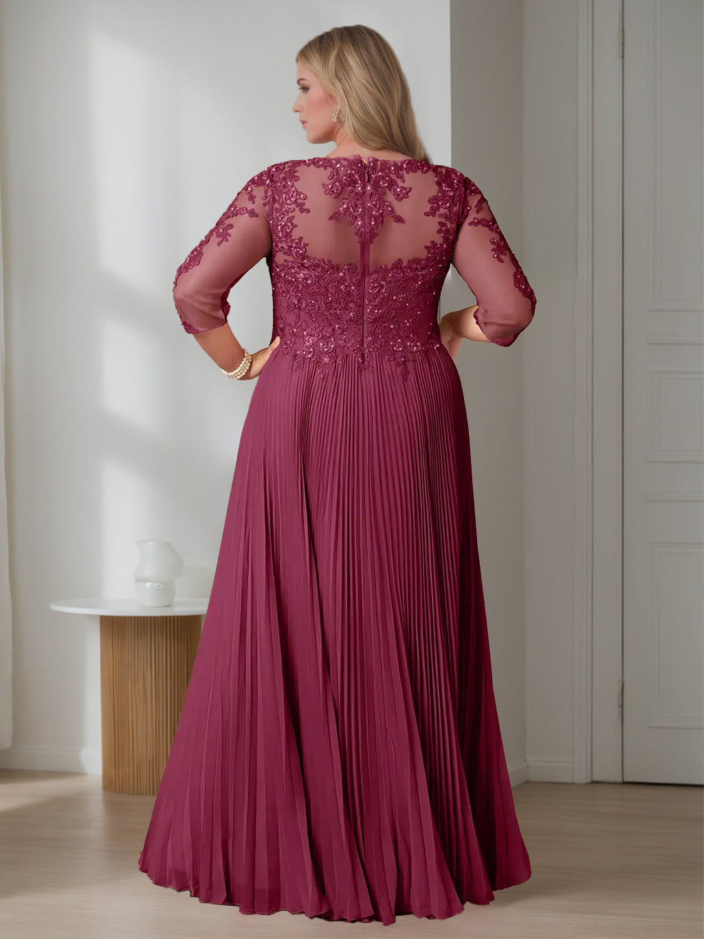 Robe de Mère de la Mariée Grande Taille, Coupe A-Line/Princess, Manches Mi-Longues, Longueur Au Sol, avec Paillettes