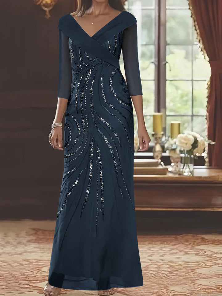 Robe de Mère de la Mariée Fourreau/Colonne à Col en V et Manches 3/4, Longueur Au Sol, avec Paillettes