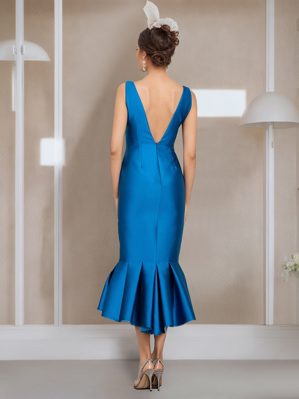 Robe de Mère de la Mariée Sirène/Trompette à Col Bijou et Manches Mi-Longues avec Boutons