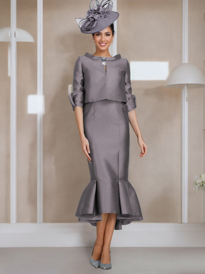 Robe de Mère de la Mariée Sirène/Trompette à Col Bijou et Manches Mi-Longues avec Boutons