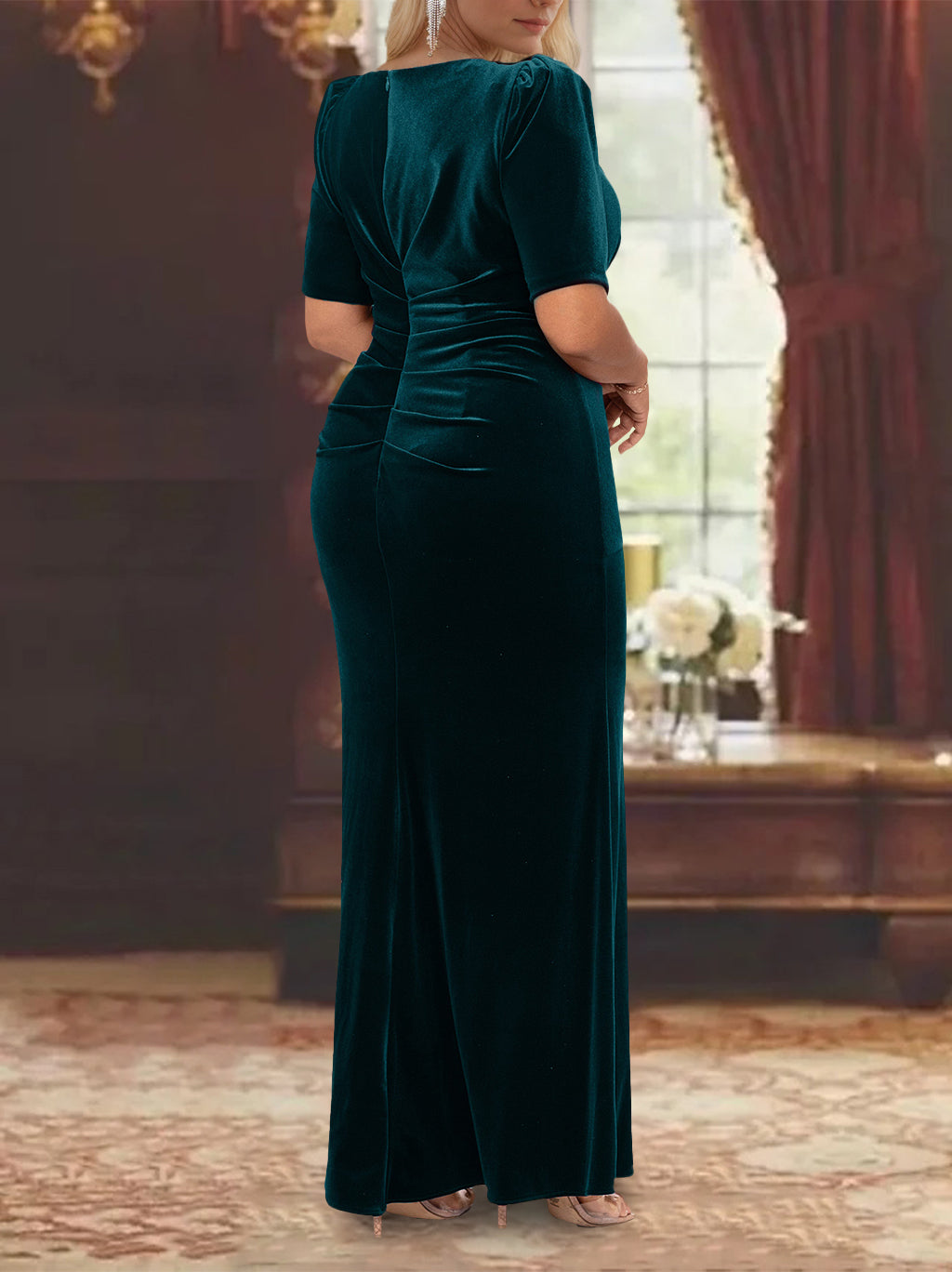 Robe de Mère de la Mariée Coupe A-Line/Princess à Demi-Manches et Longueur Cheville avec Volants