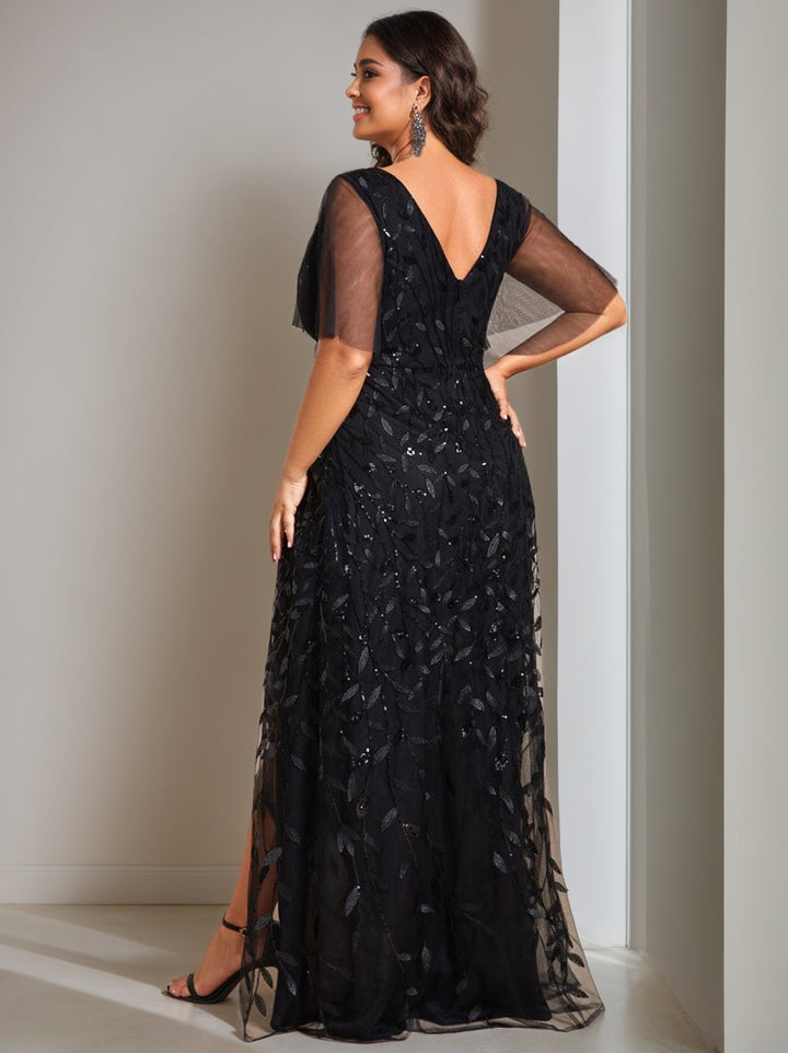 Robe de Mère de la Mariée Asymétrique à Manches Courtes et Col en V, Coupe A-Line/Princess, avec Paillettes