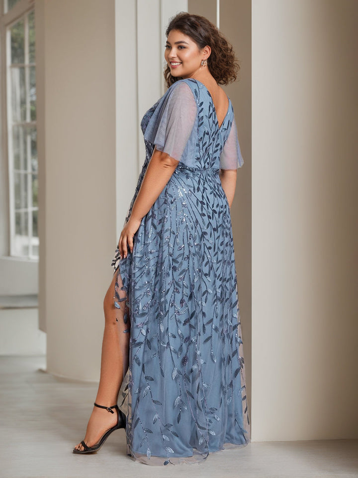 Robe de Mère de la Mariée Asymétrique Grande Taille à Col en V et Manches Courtes, Coupe A-Line/Princess, avec Paillettes