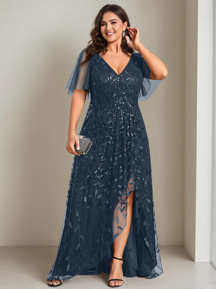Robe de Mère de la Mariée Asymétrique Grande Taille à Col en V et Manches Courtes, Coupe A-Line/Princess, avec Paillettes