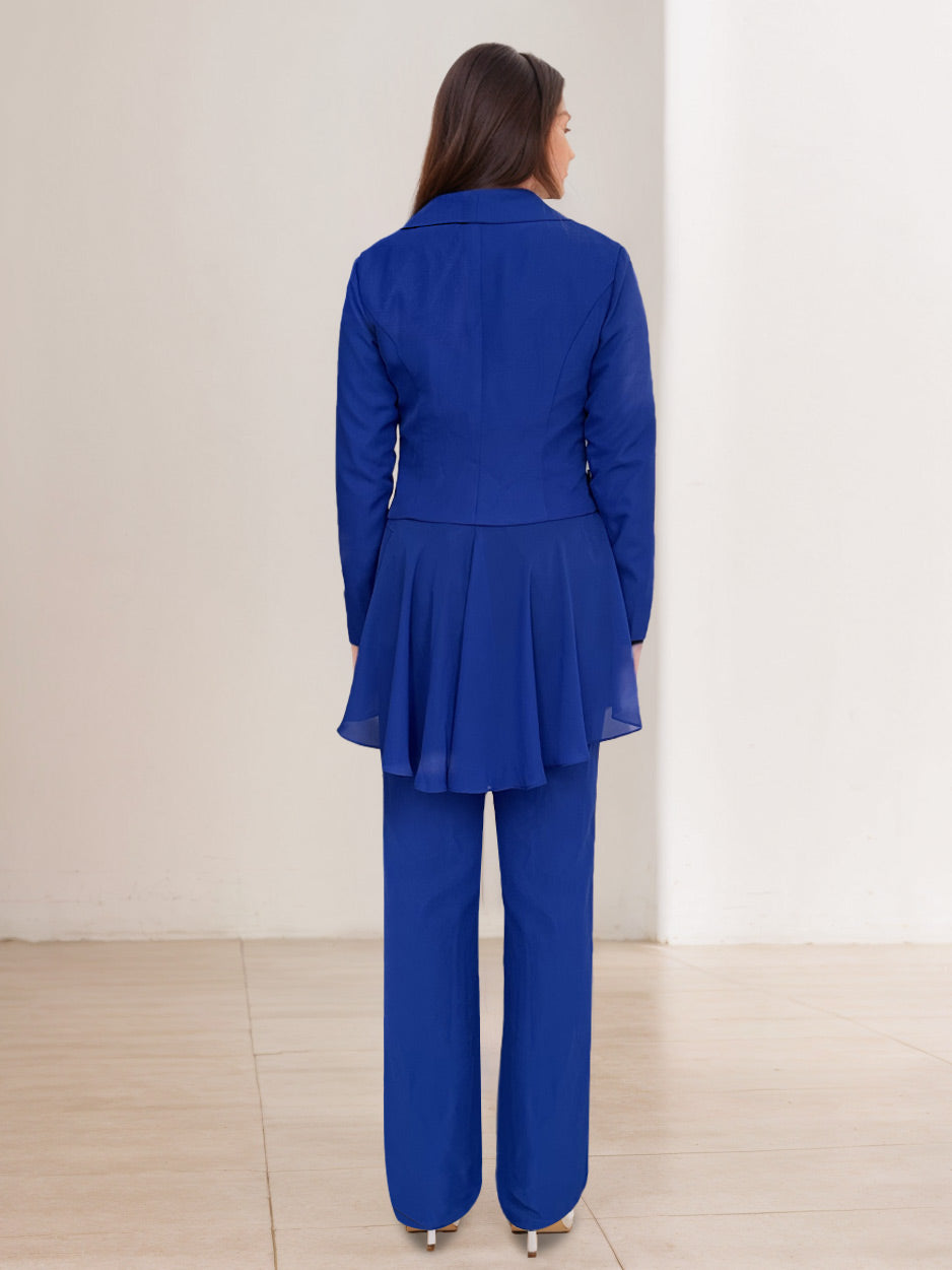 Tailleur-Pantalon Blanc à Col en V et Manches Longues pour Mère de la Mariée avec Volants