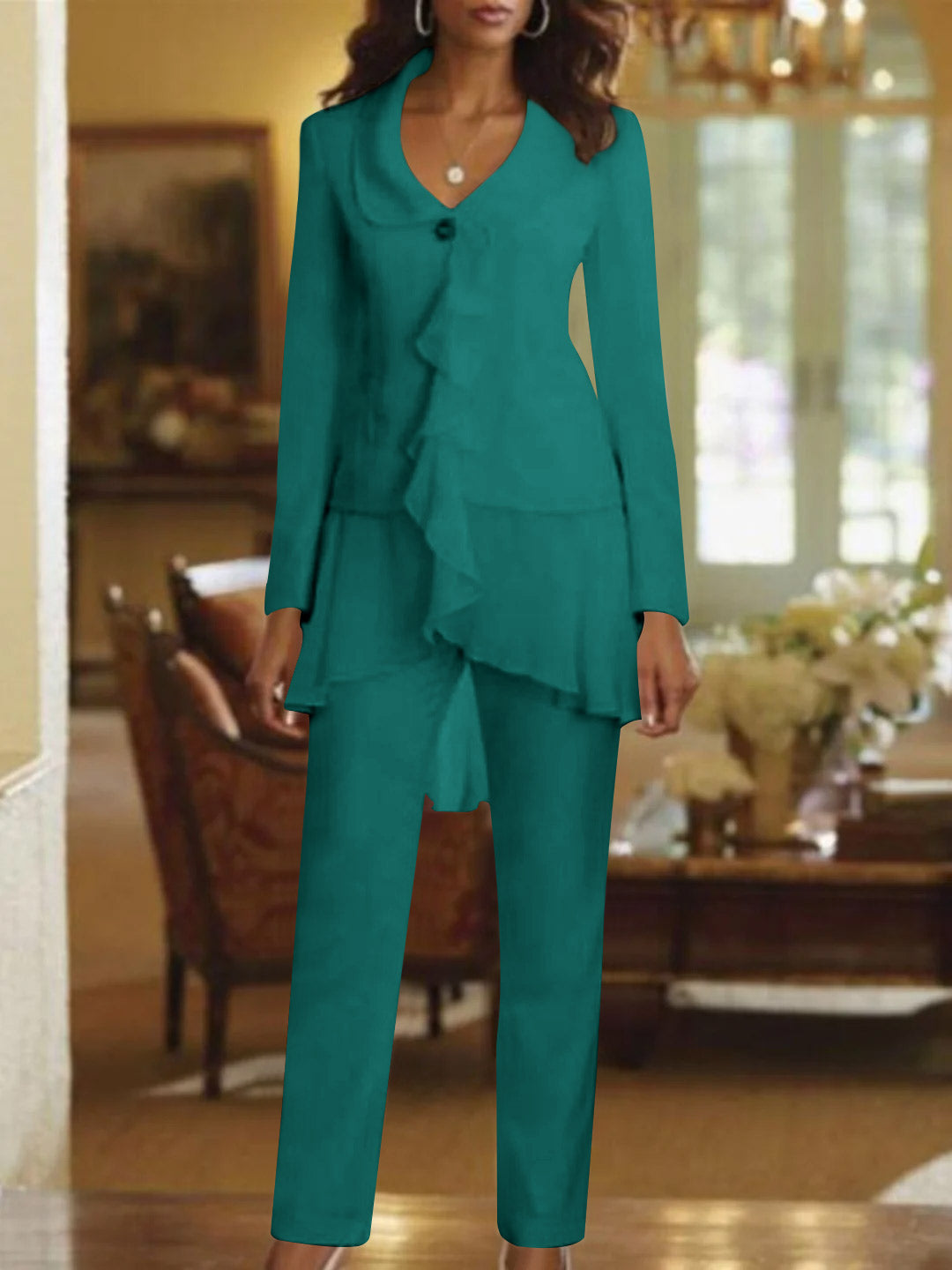 Tailleur-Pantalon Blanc à Col en V et Manches Longues pour Mère de la Mariée avec Volants