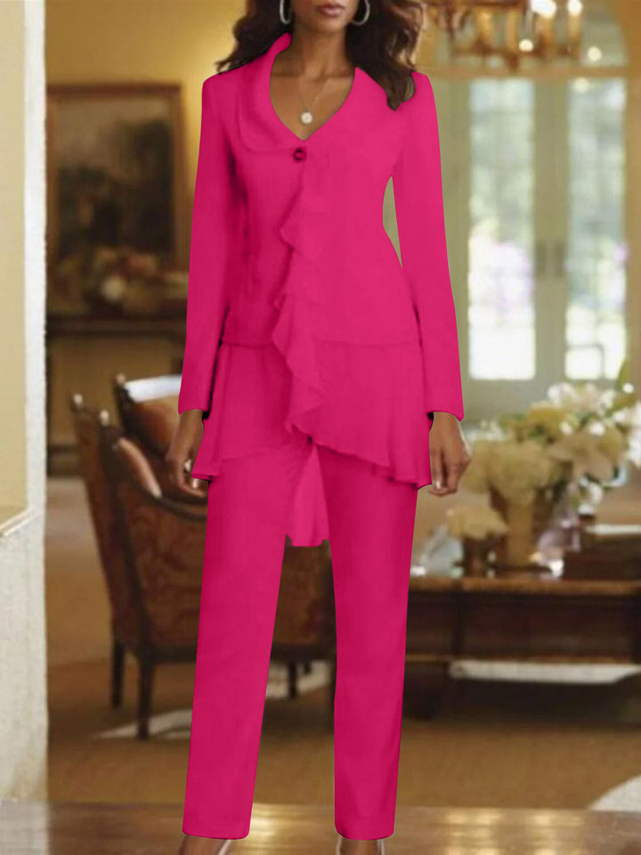 Tailleur-Pantalon Blanc à Col en V et Manches Longues pour Mère de la Mariée avec Volants