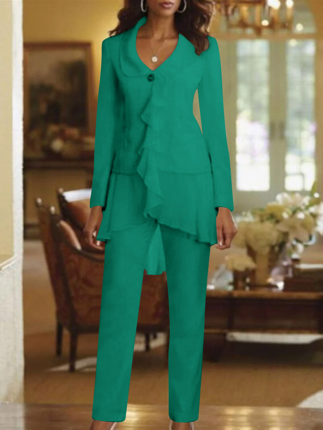 Tailleur-Pantalon Blanc à Col en V et Manches Longues pour Mère de la Mariée avec Volants