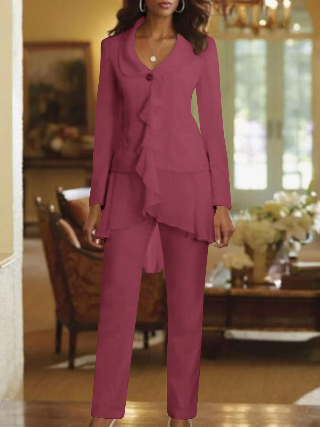 Tailleur-Pantalon Blanc à Col en V et Manches Longues pour Mère de la Mariée avec Volants