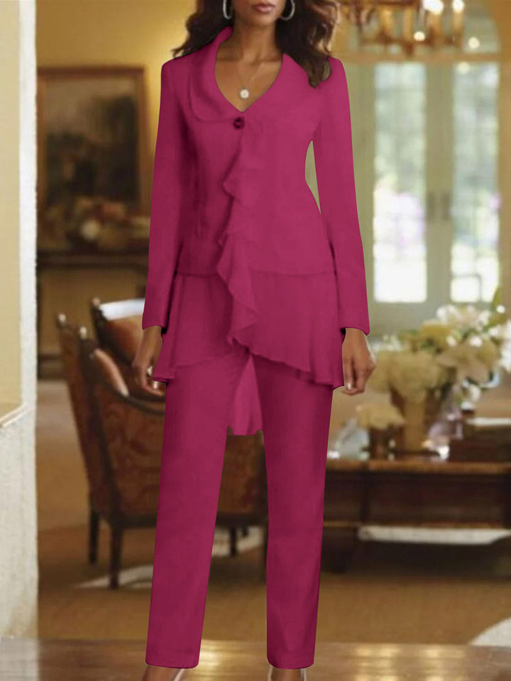 Tailleur-Pantalon Blanc à Col en V et Manches Longues pour Mère de la Mariée avec Volants