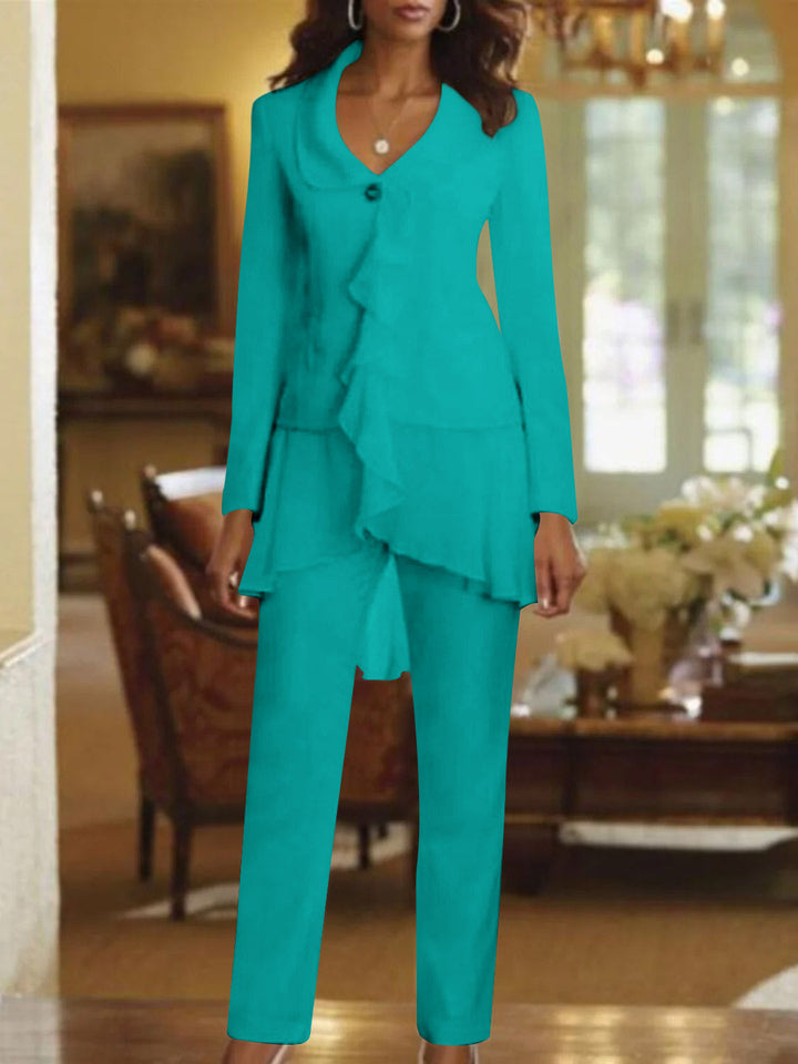 Tailleur-Pantalon Blanc à Col en V et Manches Longues pour Mère de la Mariée avec Volants