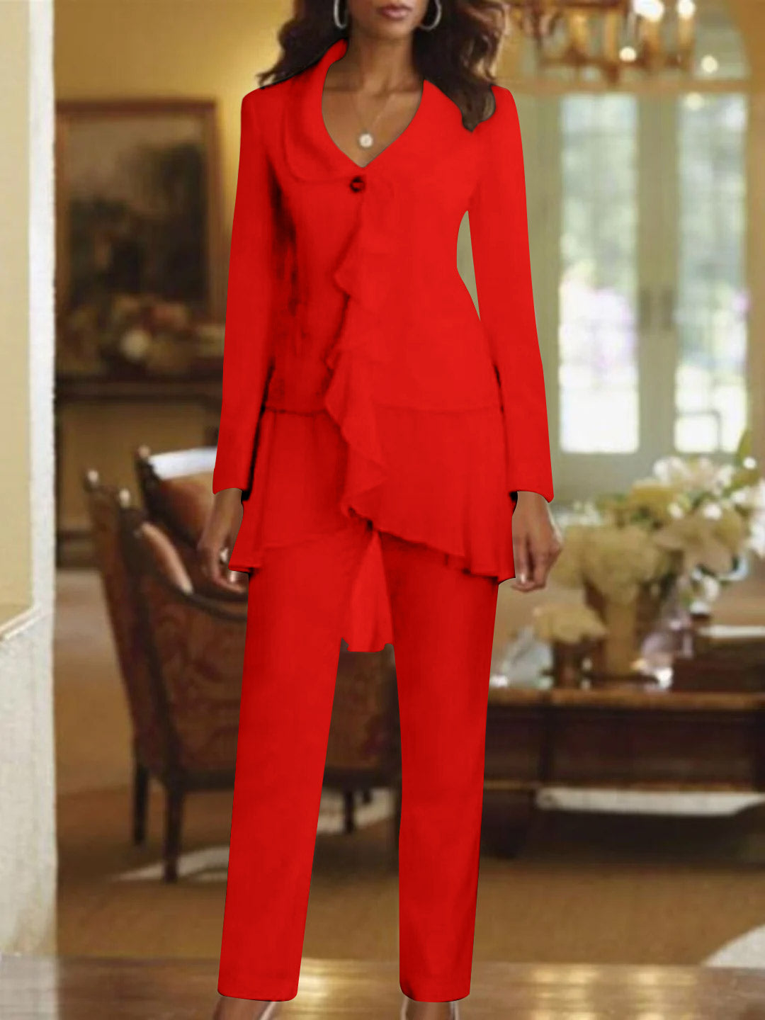 Tailleur-Pantalon Blanc à Col en V et Manches Longues pour Mère de la Mariée avec Volants