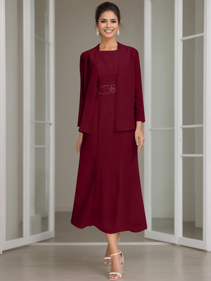 Gaine/Colonne Collier Bijou Tea Length Robes Mère de La Mariée avec veste & Perles