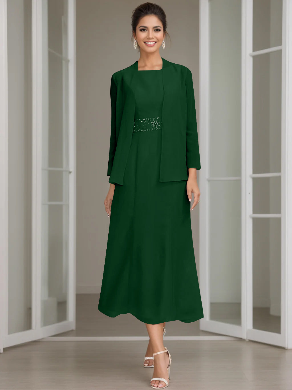 Gaine/Colonne Collier Bijou Tea Length Robes Mère de La Mariée avec veste & Perles