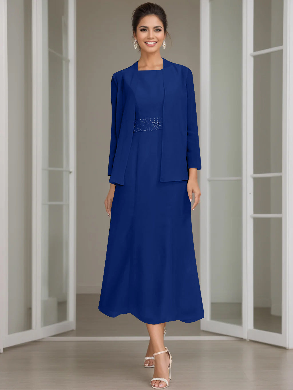 Gaine/Colonne Collier Bijou Tea Length Robes Mère de La Mariée avec veste & Perles