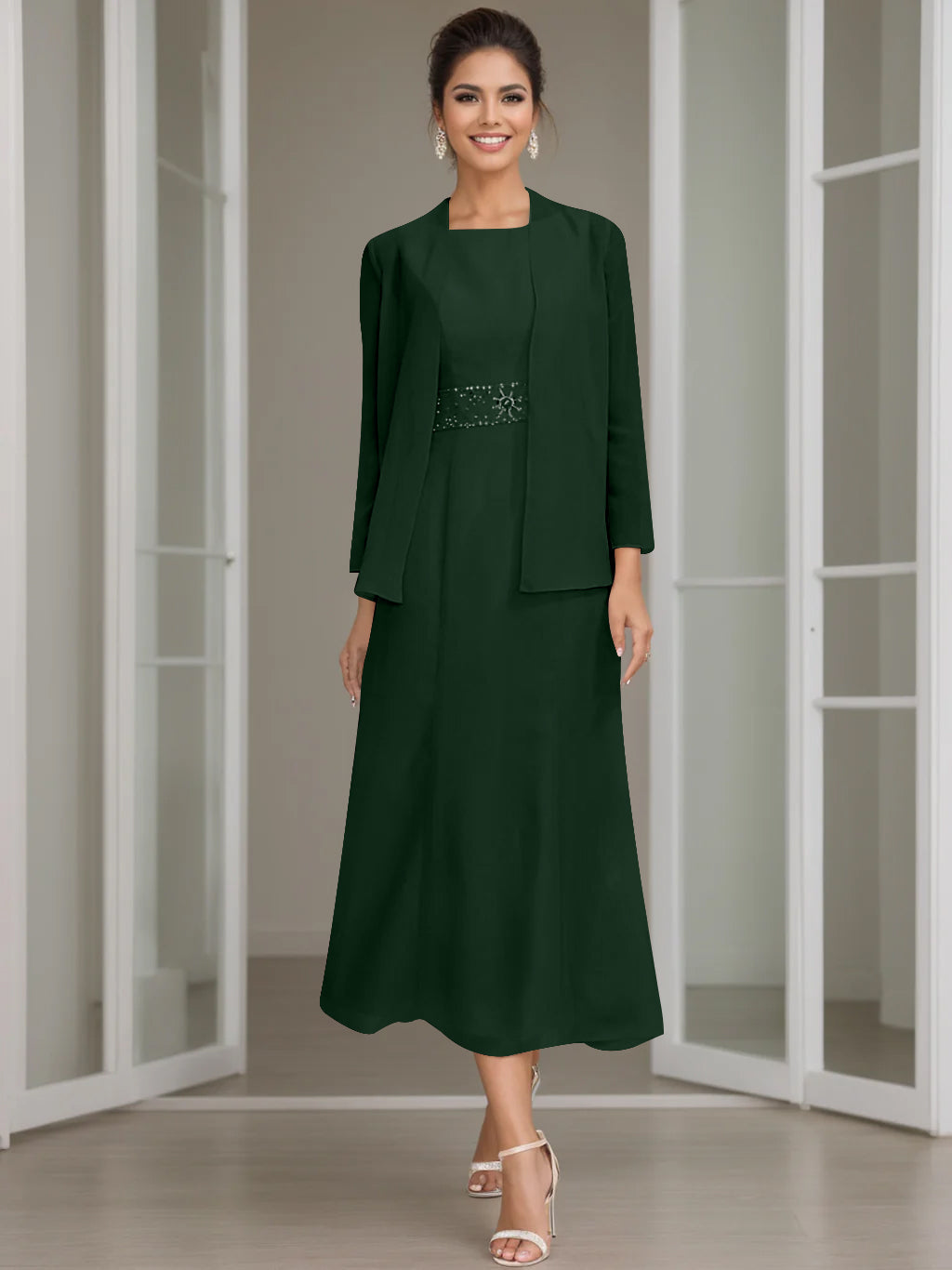 Gaine/Colonne Collier Bijou Tea Length Robes Mère de La Mariée avec veste & Perles