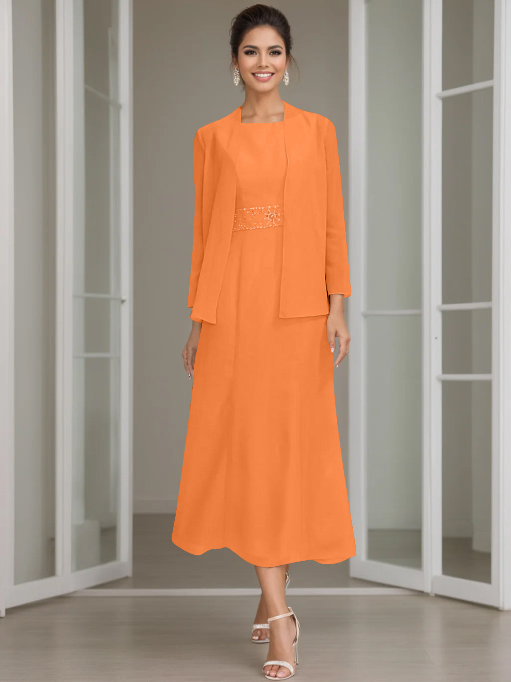 Gaine/Colonne Collier Bijou Tea Length Robes Mère de La Mariée avec veste & Perles