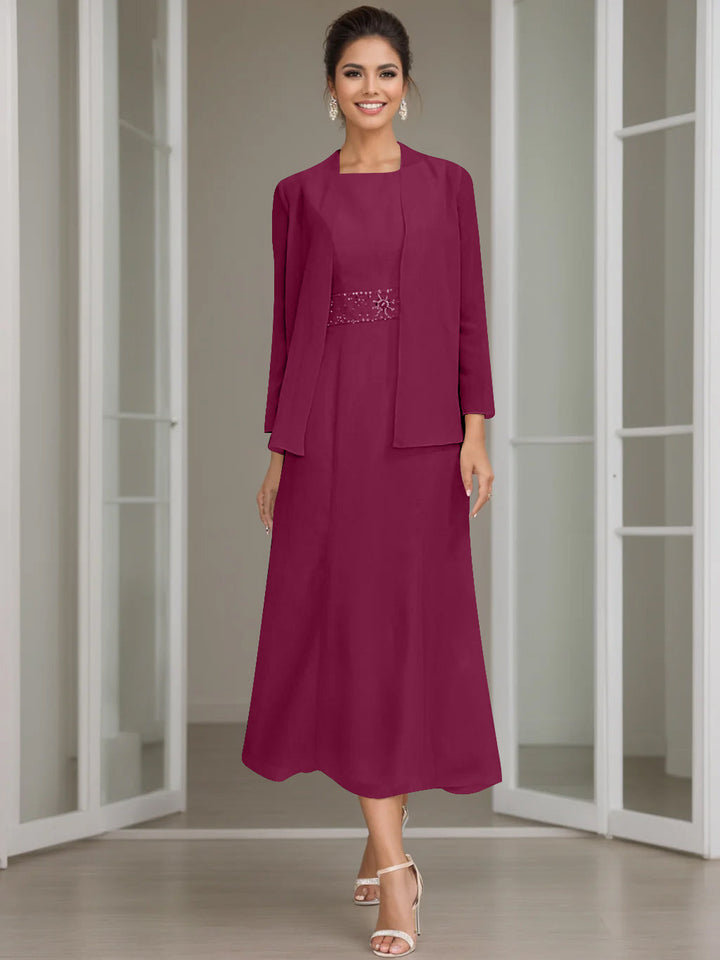 Gaine/Colonne Collier Bijou Tea Length Robes Mère de La Mariée avec veste & Perles