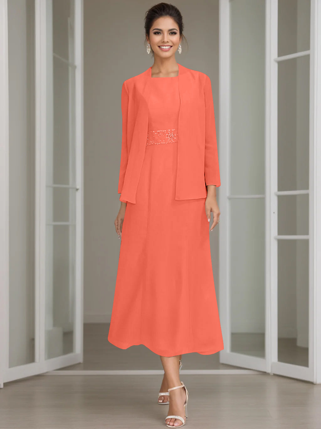 Gaine/Colonne Collier Bijou Tea Length Robes Mère de La Mariée avec veste & Perles