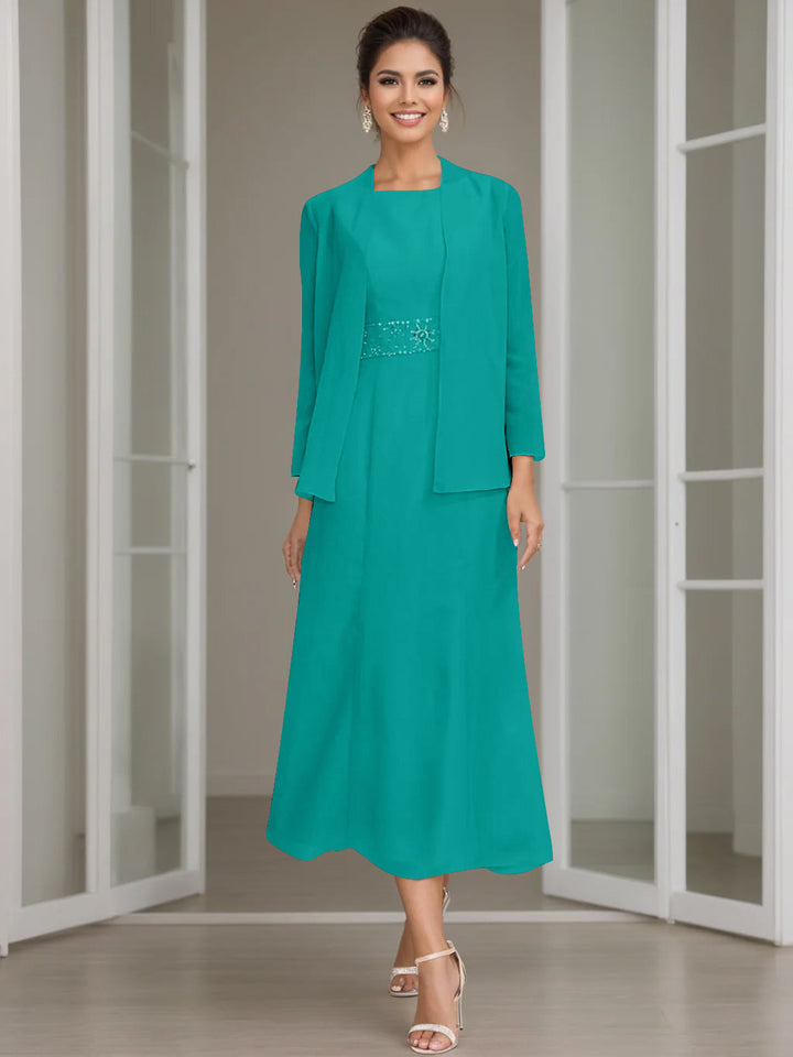 Gaine/Colonne Collier Bijou Tea Length Robes Mère de La Mariée avec veste & Perles