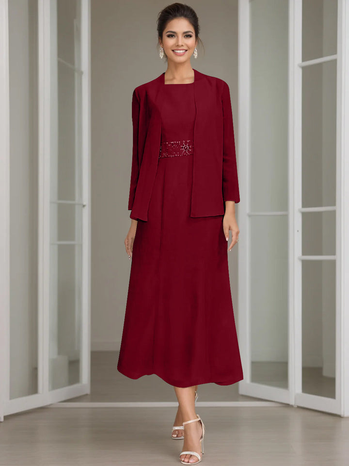 Gaine/Colonne Collier Bijou Tea Length Robes Mère de La Mariée avec veste & Perles