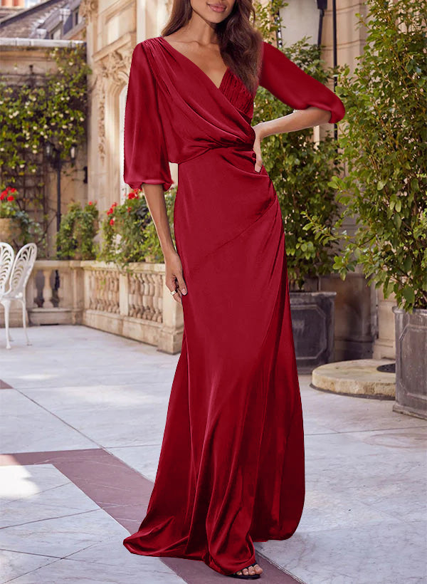 Colonne Floral Print Col en V 1/2 Manches Rouge Mère of the Mariée & Groom Robes