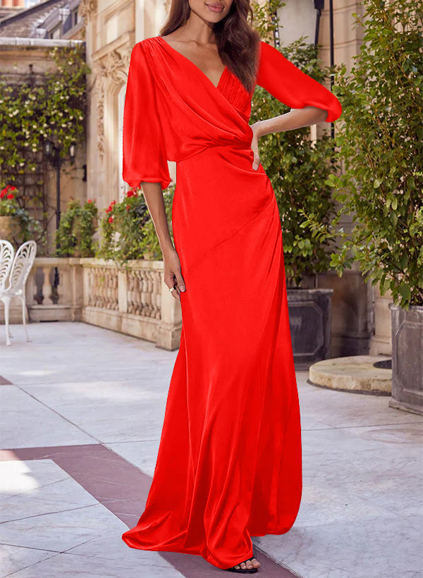 Colonne Floral Print Col en V 1/2 Manches Rouge Mère of the Mariée & Groom Robes