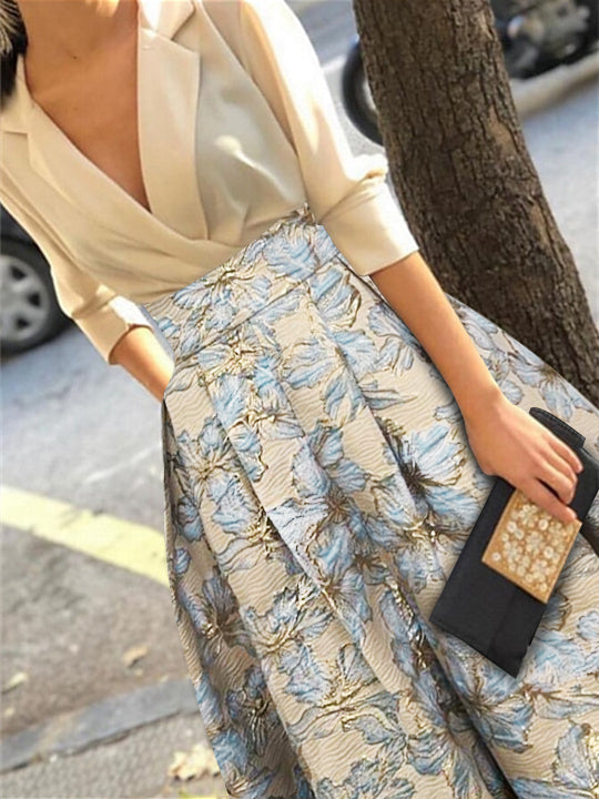 Robes Mère de la Mariée et Du Marié à Imprimé Floral, Coupe A-Line/Princess, Col Chemise, Manches 3/4