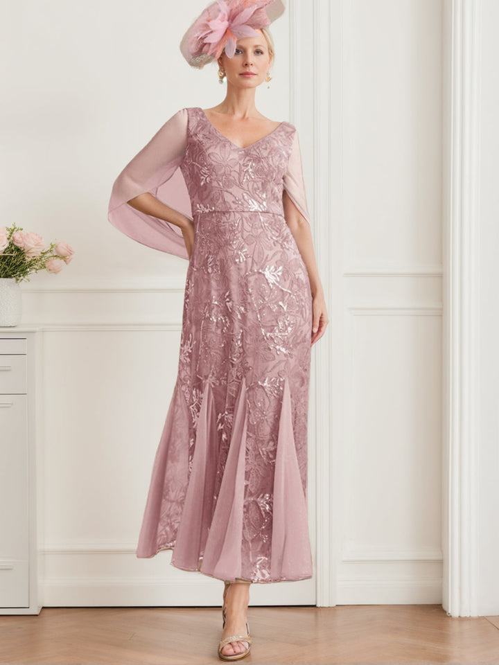 Robe de Mère de la Mariée Coupe A-Line/Princess à Col en V et Manches Mi-Longues avec Couleur Unie et Dentelle
