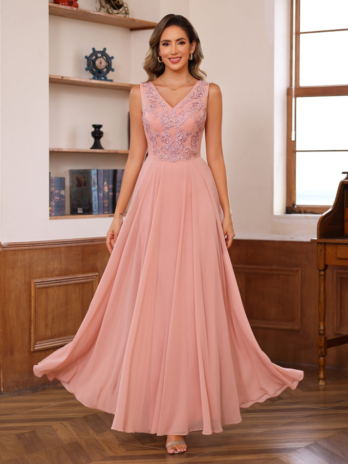 Robe de Mère de la Mariée A-Line/Princess à Col en V, Longueur Au Sol, 2 Photos, avec Appliques et Cache-Cœur